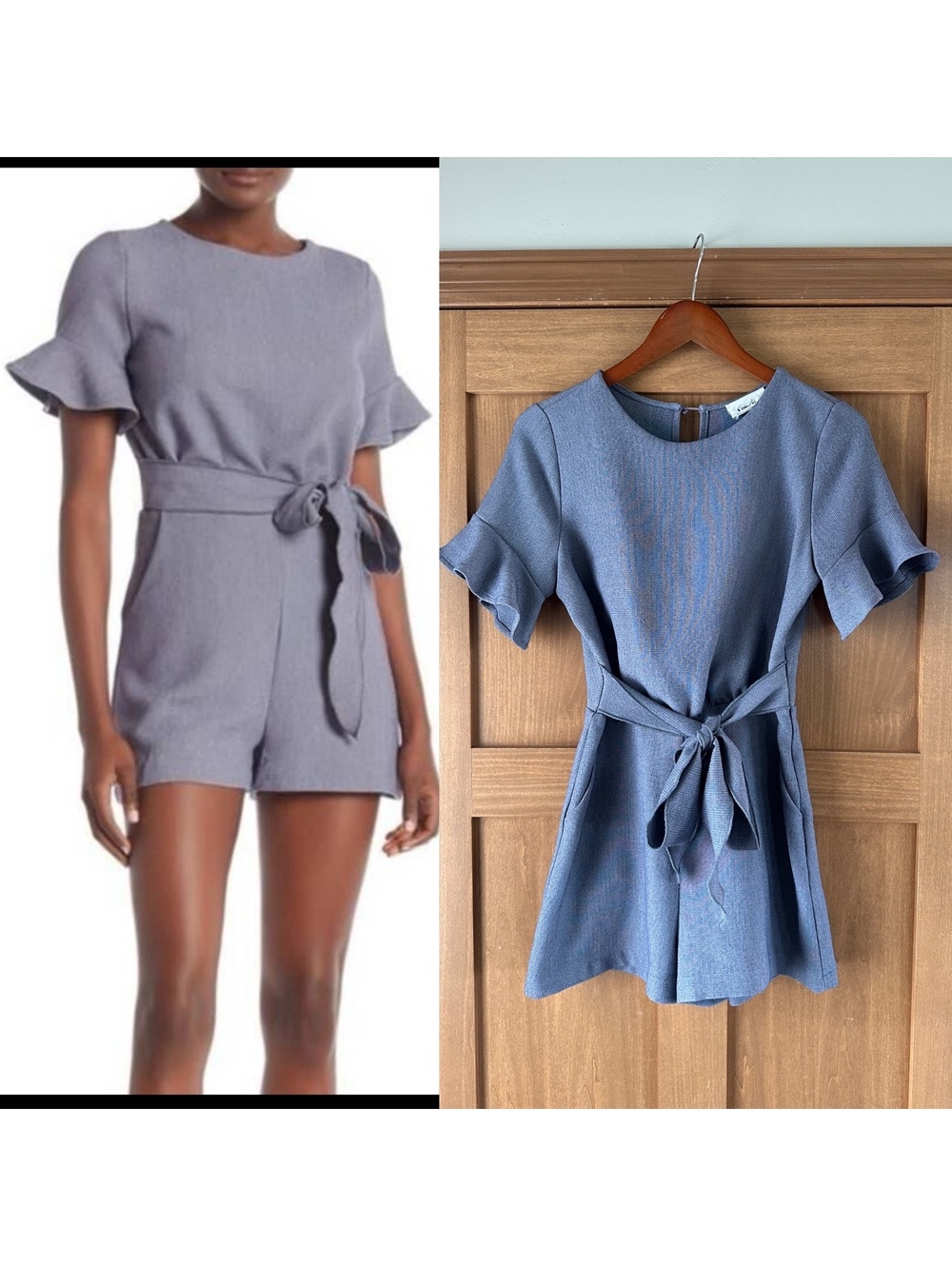 Line + Dot Blue Short Ruffle Sleeve Romper Tie Belt Waist Women’s Small